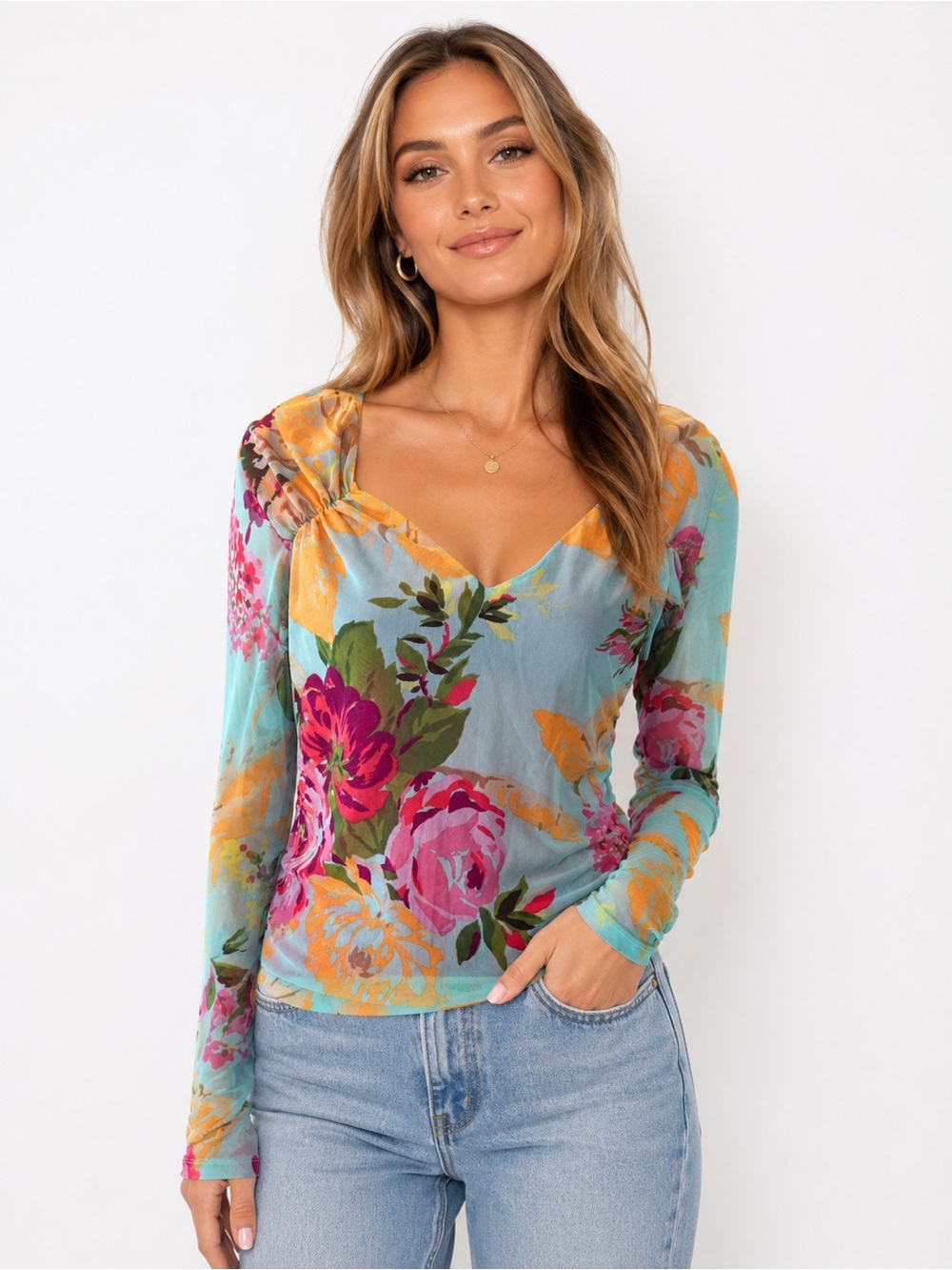BCBGMAXAZRIA Floral Mesh Long Sleeve Top Blue Pink Size Large NWT